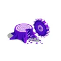 Illustration of a purple tree stump with a circular saw blade cutting through it, scattering small purple pieces, on a white background.