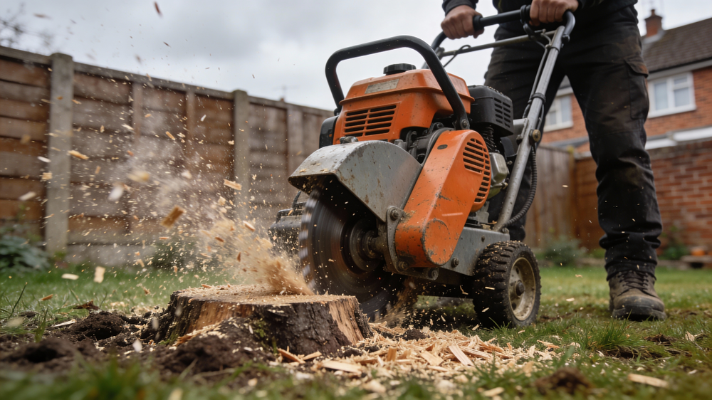 Man In Back Garden Grinding Stump